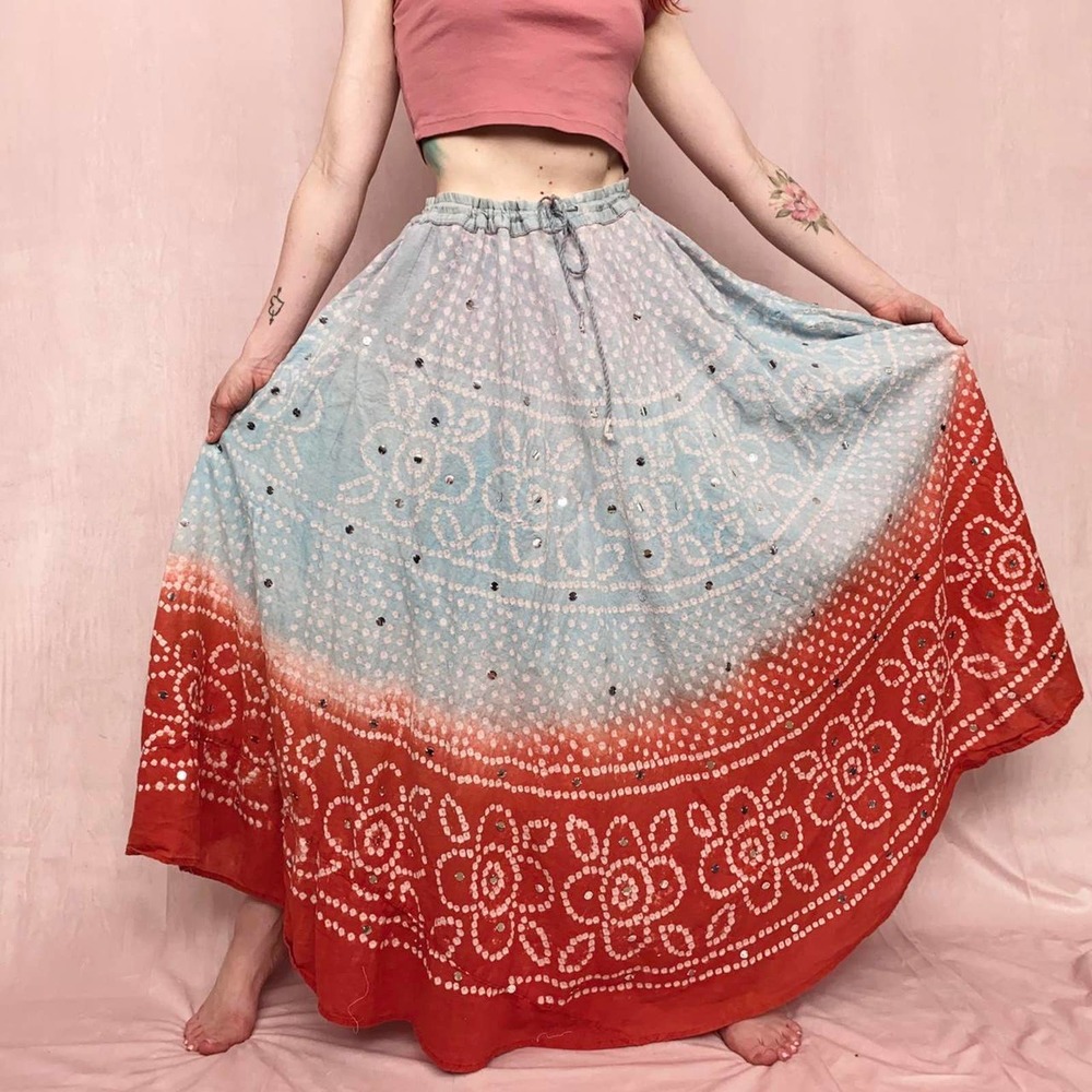 Vintage Max Mehra Red Blue Tie Dye Flowy Sparkly Sequins Maxi Skirt, Fits S-XXL